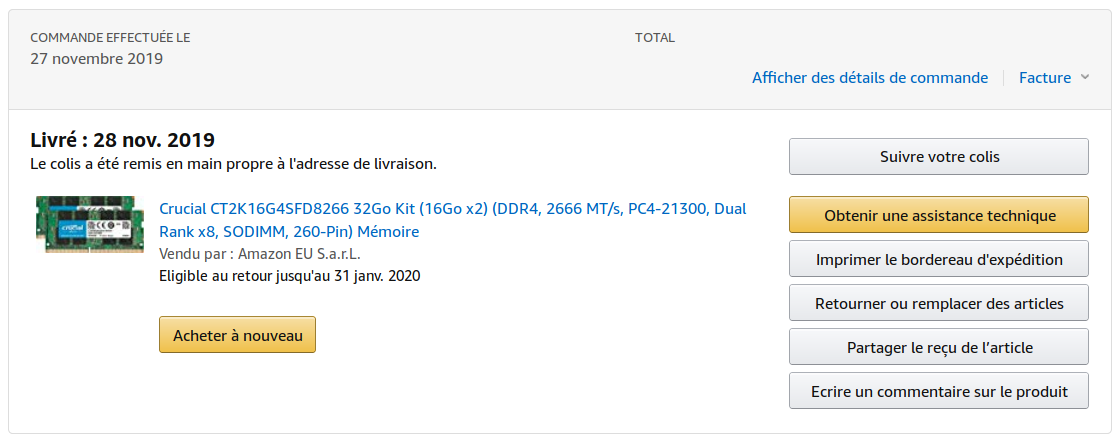 Commande 32GB RAM Sodimm DDR4 Crucial sur Amazon